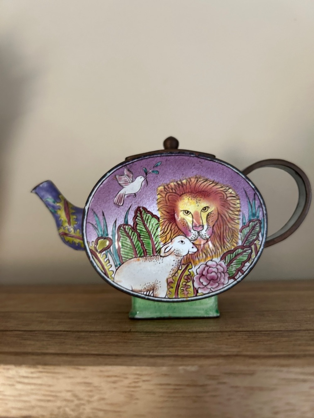 Decorative Lion & Lamb Teapot Enamel over Brass Figurine - Purple & Green